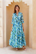 Eden Dress Crew Neck 3/4 Sleeve Maxi Length Cotton Musola (Blue Bell Flower Small Pastel)