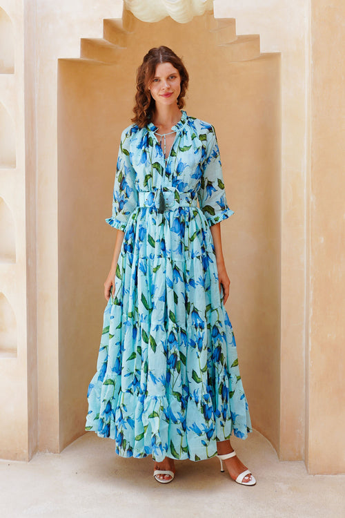 Eden Dress Crew Neck 3/4 Sleeve Maxi Length Cotton Musola (Blue Bell Flower Small Pastel)