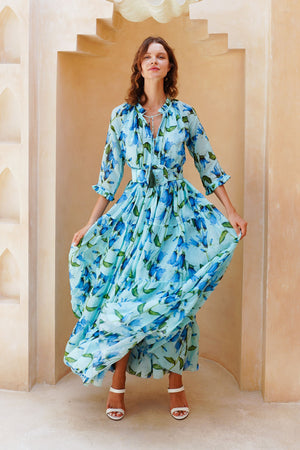 Eden Dress Crew Neck 3/4 Sleeve Maxi Length Cotton Musola (Blue Bell Flower Small Pastel)