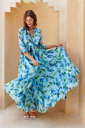 Eden Dress Crew Neck 3/4 Sleeve Maxi Length Cotton Musola (Blue Bell Flower Small Pastel)