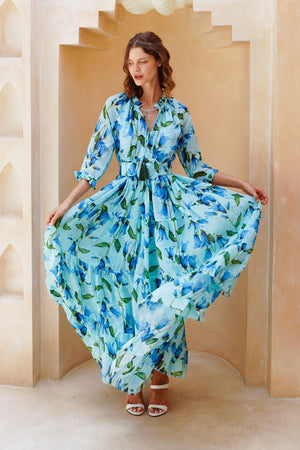 Eden Dress Crew Neck 3/4 Sleeve Maxi Length Cotton Musola (Blue Bell Flower Small Pastel)