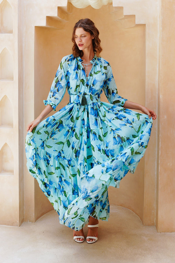 Eden Dress Crew Neck 3/4 Sleeve Maxi Length Cotton Musola (Blue Bell Flower Small Pastel)