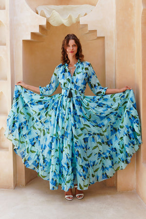 Eden Dress Crew Neck 3/4 Sleeve Maxi Length Cotton Musola (Blue Bell Flower Small Pastel)