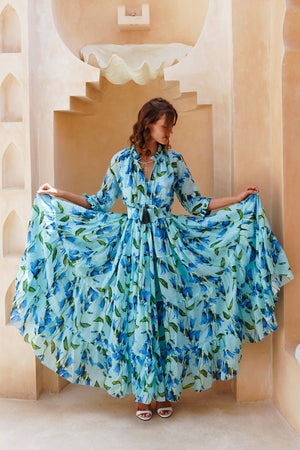 Eden Dress Crew Neck 3/4 Sleeve Maxi Length Cotton Musola (Blue Bell Flower Small Pastel)