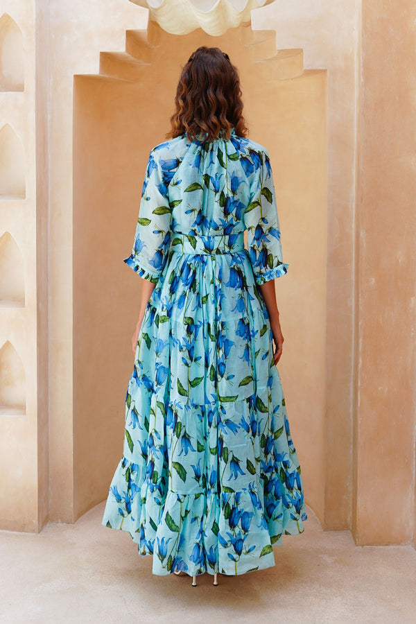 Eden Dress Crew Neck 3/4 Sleeve Maxi Length Cotton Musola (Blue Bell Flower Small Pastel)