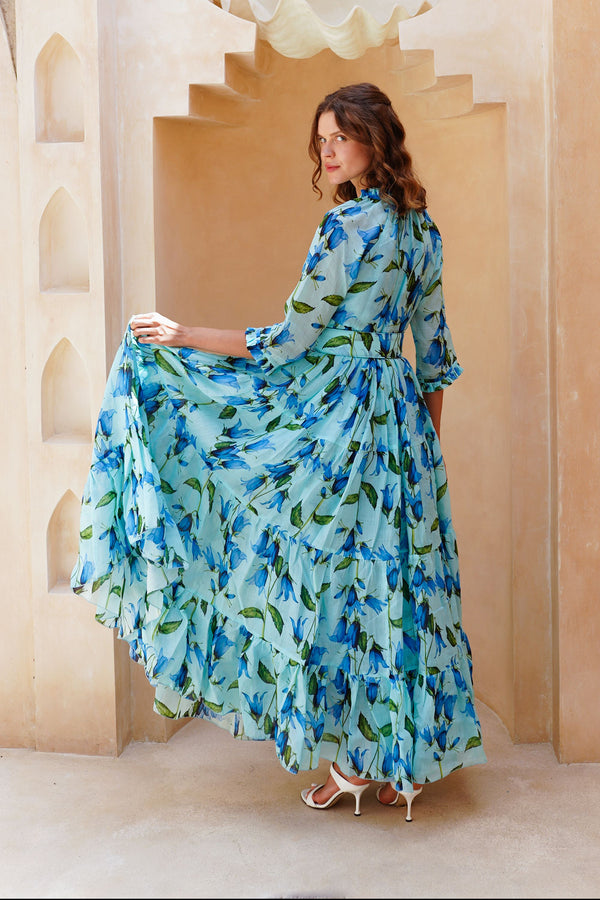 Eden Dress Crew Neck 3/4 Sleeve Maxi Length Cotton Musola (Blue Bell Flower Small Pastel)
