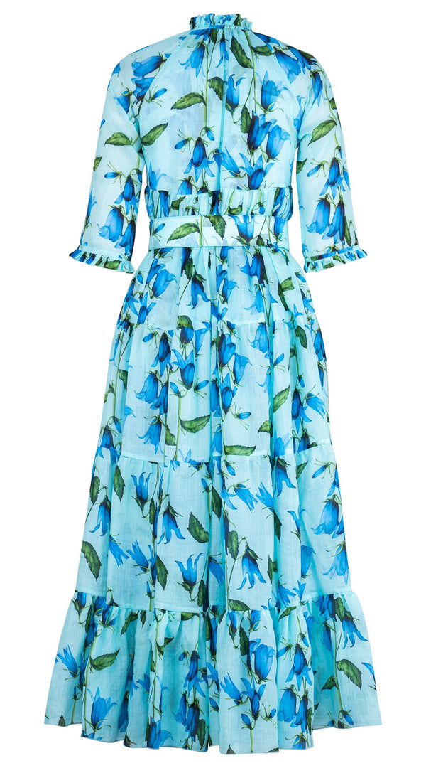 Eden Dress Crew Neck 3/4 Sleeve Maxi Length Ramie (Blue Bell Flower Small Pastel)