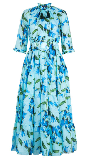 Eden Dress Crew Neck 3/4 Sleeve Maxi Length Ramie (Blue Bell Flower Small Pastel)