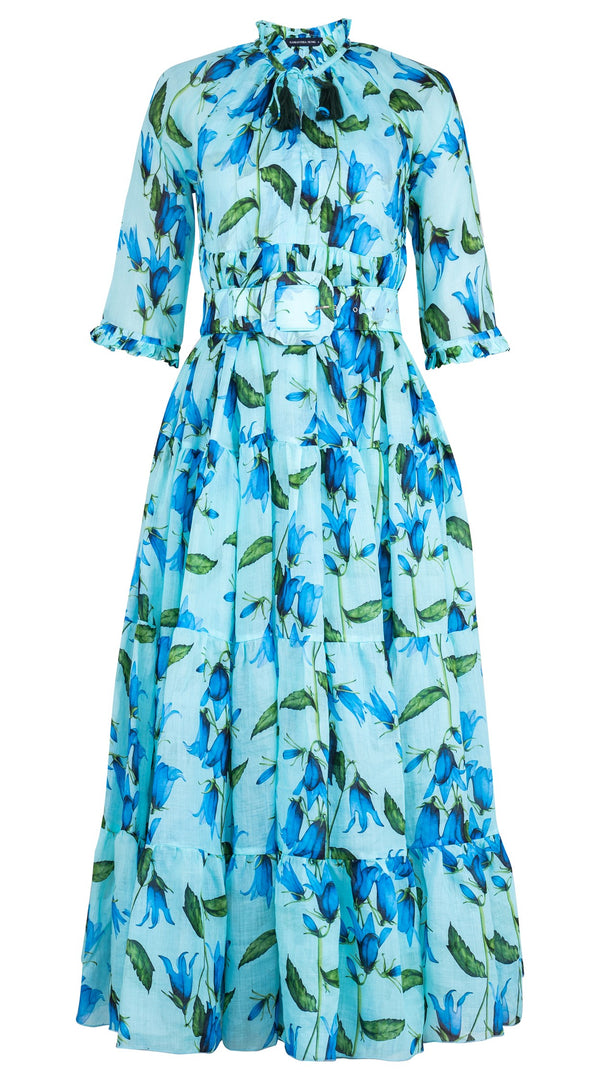 Eden Dress Crew Neck 3/4 Sleeve Maxi Length Ramie (Blue Bell Flower Small Pastel)