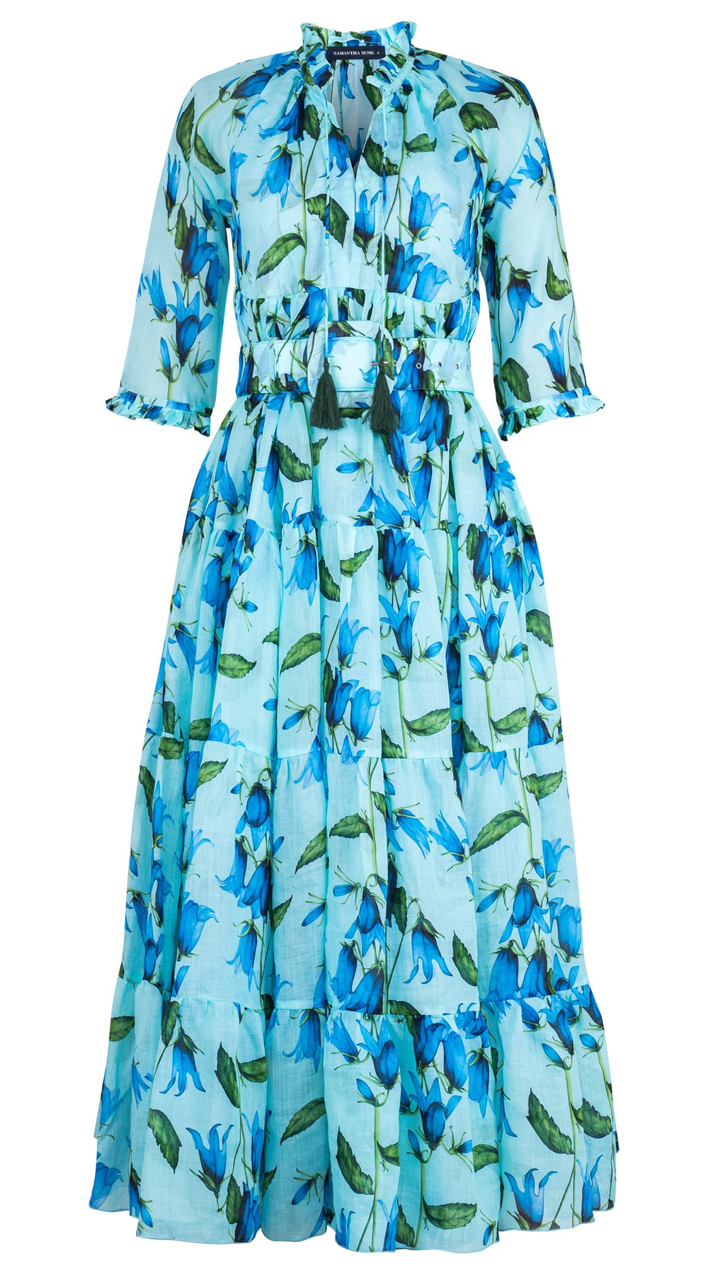 Eden Dress Crew Neck 3/4 Sleeve Maxi Length Ramie (Blue Bell Flower Small Pastel)
