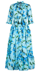 Eden Dress Crew Neck 3/4 Sleeve Maxi Length Ramie (Blue Bell Flower Small Pastel)