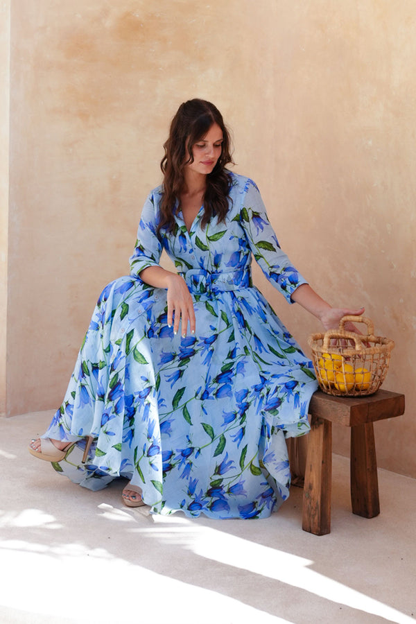 Aster Dress Shirt Collar 3/4 Sleeve Midi Length Cotton Musola (Blue Bell Flower Small Pastel)