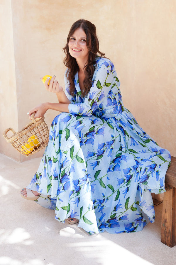 Aster Dress Shirt Collar 3/4 Sleeve Midi Length Cotton Musola (Blue Bell Flower Small Pastel)