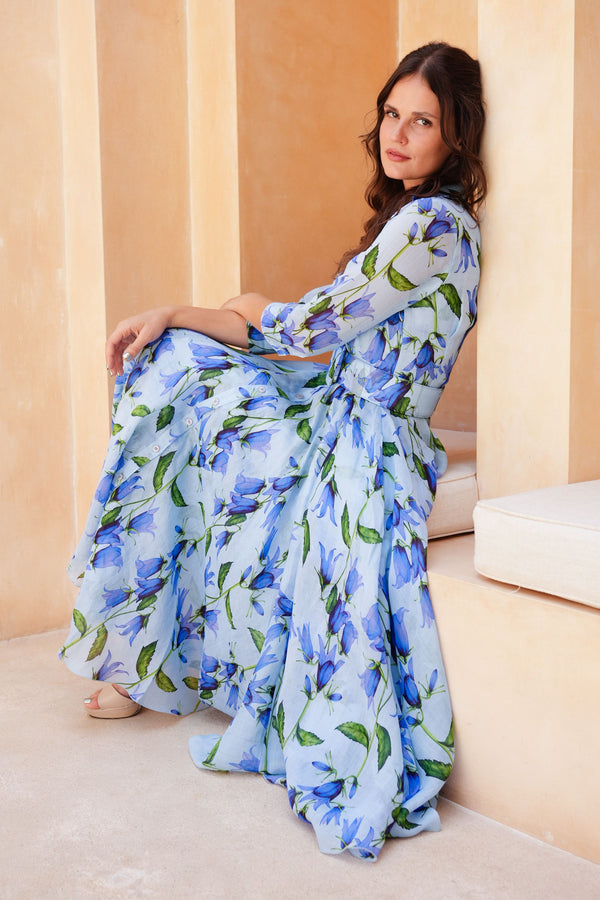 Aster Dress Shirt Collar 3/4 Sleeve Midi Length Cotton Musola (Blue Bell Flower Small Pastel)