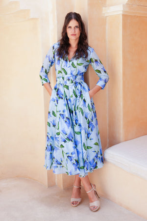 Aster Dress Shirt Collar 3/4 Sleeve Midi Length Cotton Musola (Blue Bell Flower Small Pastel)