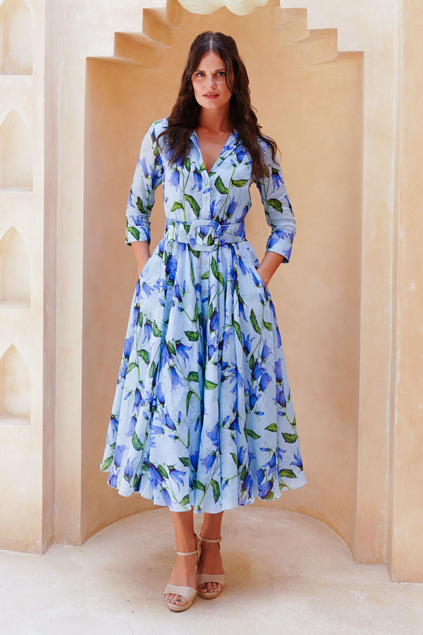 Aster Dress Shirt Collar 3/4 Sleeve Midi Length Cotton Musola (Blue Bell Flower Small Pastel)