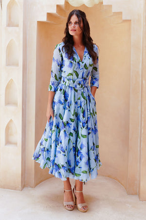 Aster Dress Shirt Collar 3/4 Sleeve Midi Length Cotton Musola (Blue Bell Flower Small Pastel)