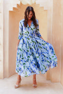 Aster Dress Shirt Collar 3/4 Sleeve Midi Length Cotton Musola (Blue Bell Flower Small Pastel)