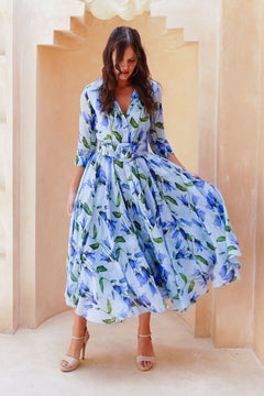 Aster Dress Shirt Collar 3/4 Sleeve Midi Length Cotton Musola (Blue Bell Flower Pastel)