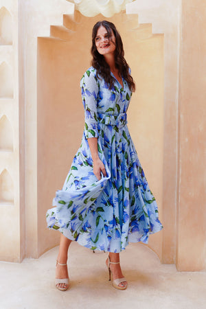 Aster Dress Shirt Collar 3/4 Sleeve Midi Length Cotton Musola (Blue Bell Flower Small Pastel)