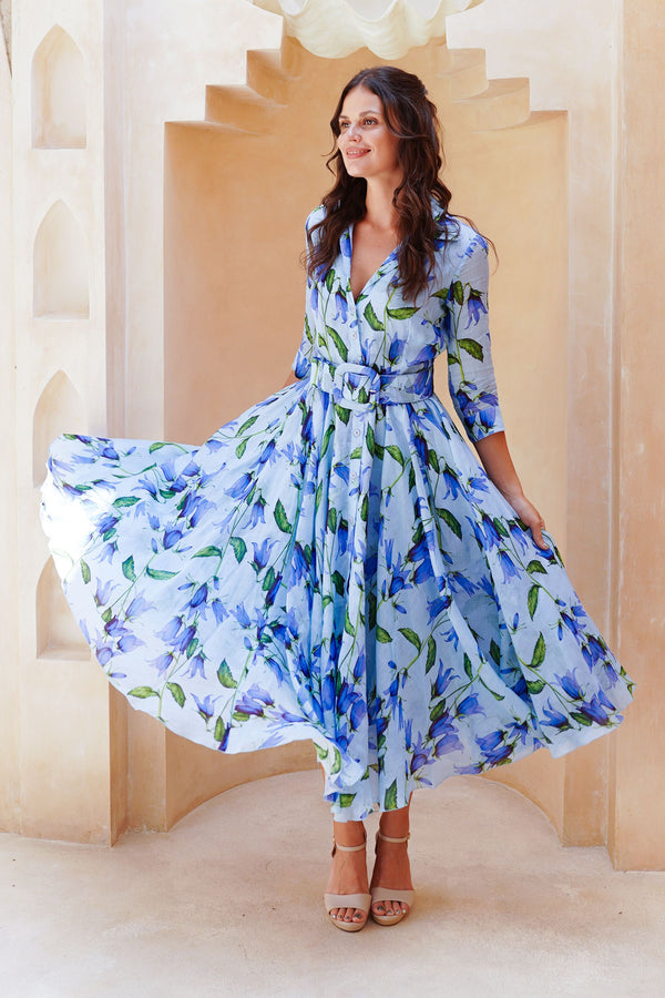 Aster Dress Shirt Collar 3/4 Sleeve Midi Length Cotton Musola (Blue Bell Flower Small Pastel)