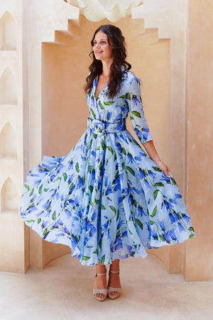 Aster Dress Shirt Collar 3/4 Sleeve Midi Length Cotton Musola (Blue Bell Flower Small Pastel)