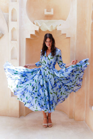 Aster Dress Shirt Collar 3/4 Sleeve Midi Length Cotton Musola (Blue Bell Flower Small Pastel)