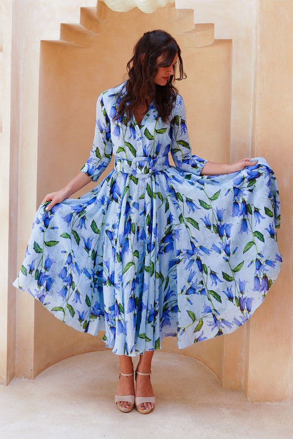 Aster Dress Shirt Collar 3/4 Sleeve Midi Length Cotton Musola (Blue Bell Flower Small Pastel)