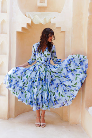 Aster Dress Shirt Collar 3/4 Sleeve Midi Length Cotton Musola (Blue Bell Flower Small Pastel)