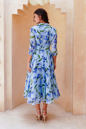 Aster Dress Shirt Collar 3/4 Sleeve Midi Length Cotton Musola (Blue Bell Flower Small Pastel)