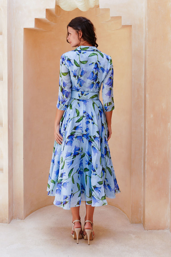 Aster Dress Shirt Collar 3/4 Sleeve Midi Length Cotton Musola (Blue Bell Flower Small Pastel)