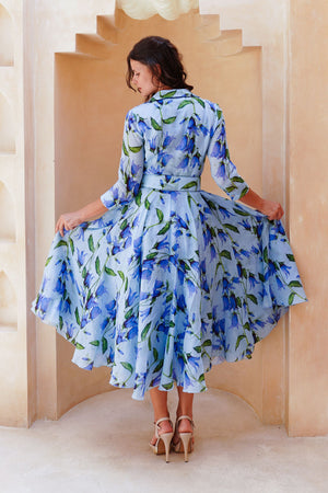 Aster Dress Shirt Collar 3/4 Sleeve Midi Length Cotton Musola (Blue Bell Flower Small Pastel)