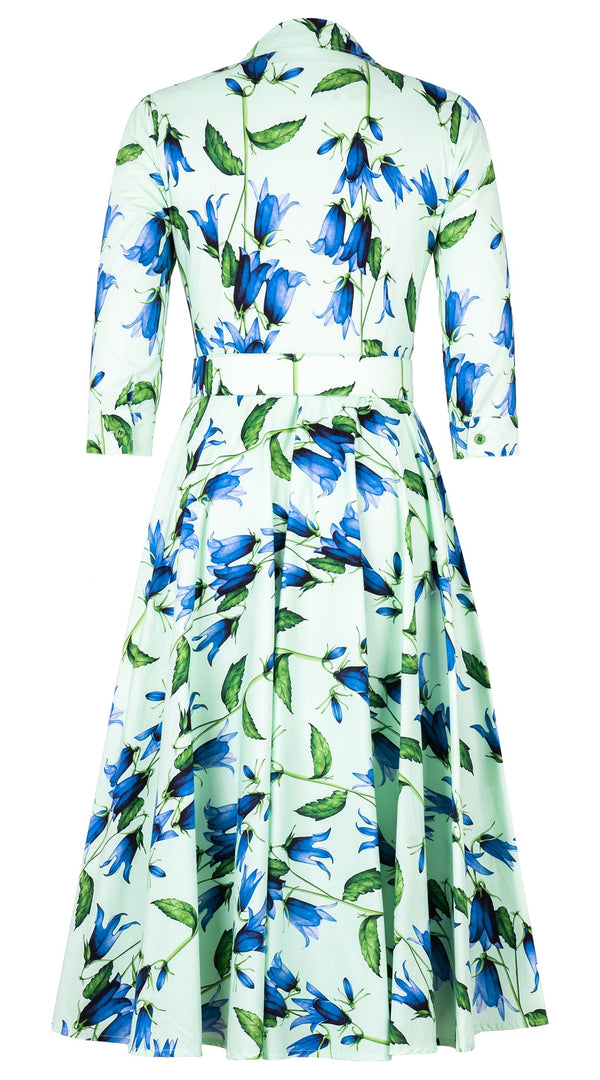 Amber Dress Shirt Collar 3/4 Sleeve Midi Length Cotton Stretch (Blue Bell Flower Small Pastel)