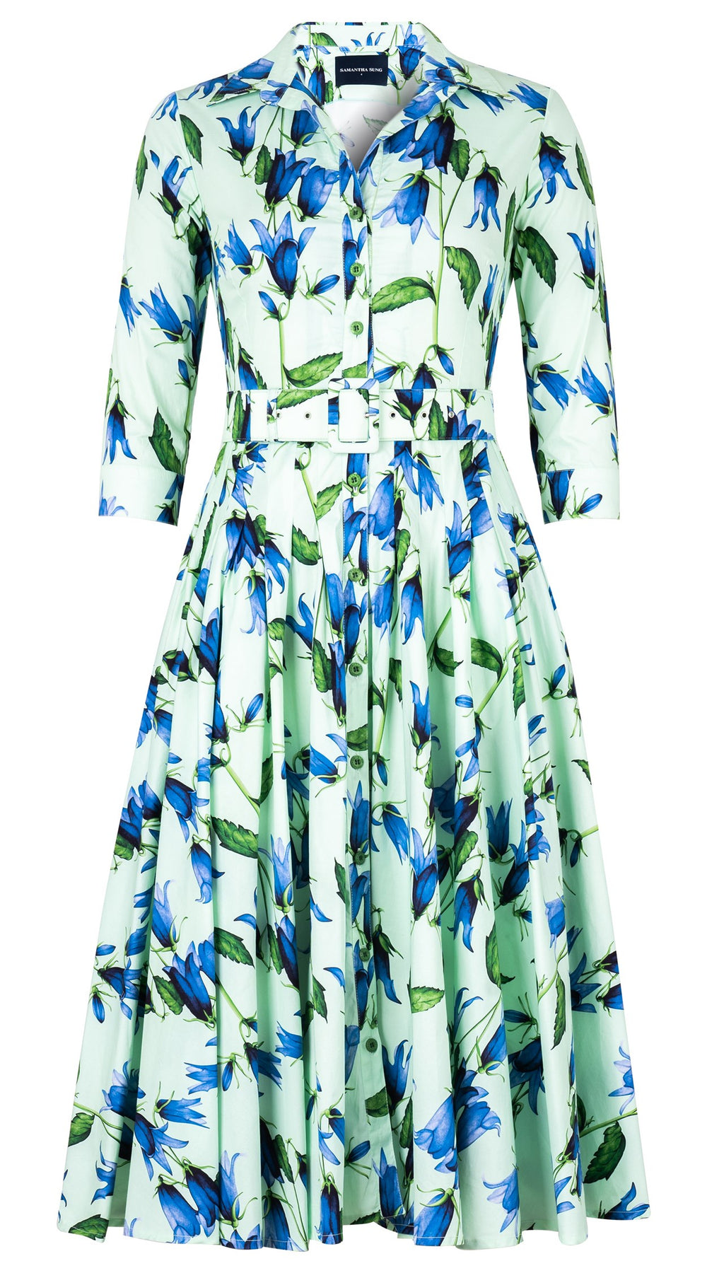 Amber Dress Shirt Collar 3/4 Sleeve Midi Length Cotton Stretch (Blue Bell Flower Small Pastel)