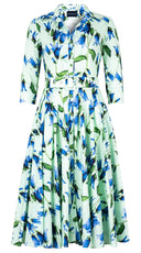 Amber Dress Shirt Collar 3/4 Sleeve Midi Length Cotton Stretch (Blue Bell Flower Small Pastel)