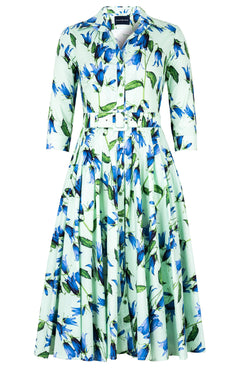 Amber Dress Shirt Collar 3/4 Sleeve Midi Length Cotton Stretch (Blue Bell Flower Pastel)