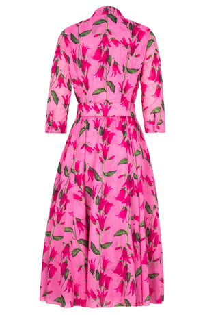 Aster Dress Shirt Collar 3/4 Sleeve Midi Length Cotton Musola (Blue Bell Flower Pastel)