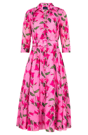 Aster Dress Shirt Collar 3/4 Sleeve Midi Length Cotton Musola (Blue Bell Flower Pastel)
