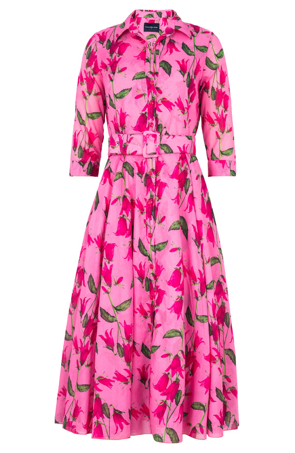 Aster Dress Shirt Collar 3/4 Sleeve Midi Length Cotton Musola (Blue Bell Flower Pastel)