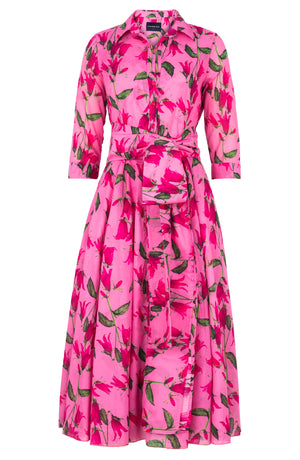 Aster Dress Shirt Collar 3/4 Sleeve Midi Length Cotton Musola (Blue Bell Flower Pastel)