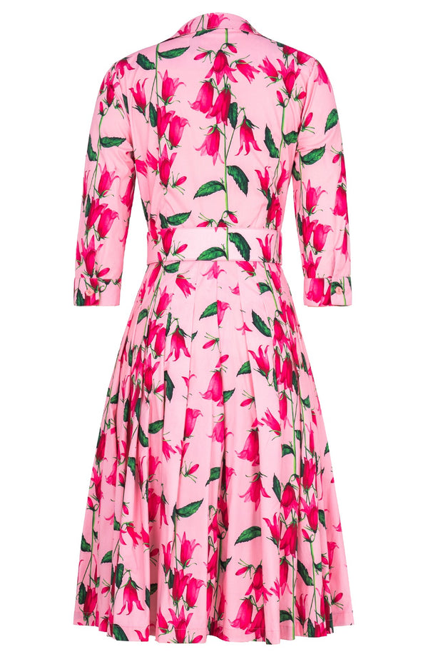 Audrey Dress #2 Shirt Collar 3/4 Sleeve Long Length Cotton Stretch (Blue Bell Flower Pastel)