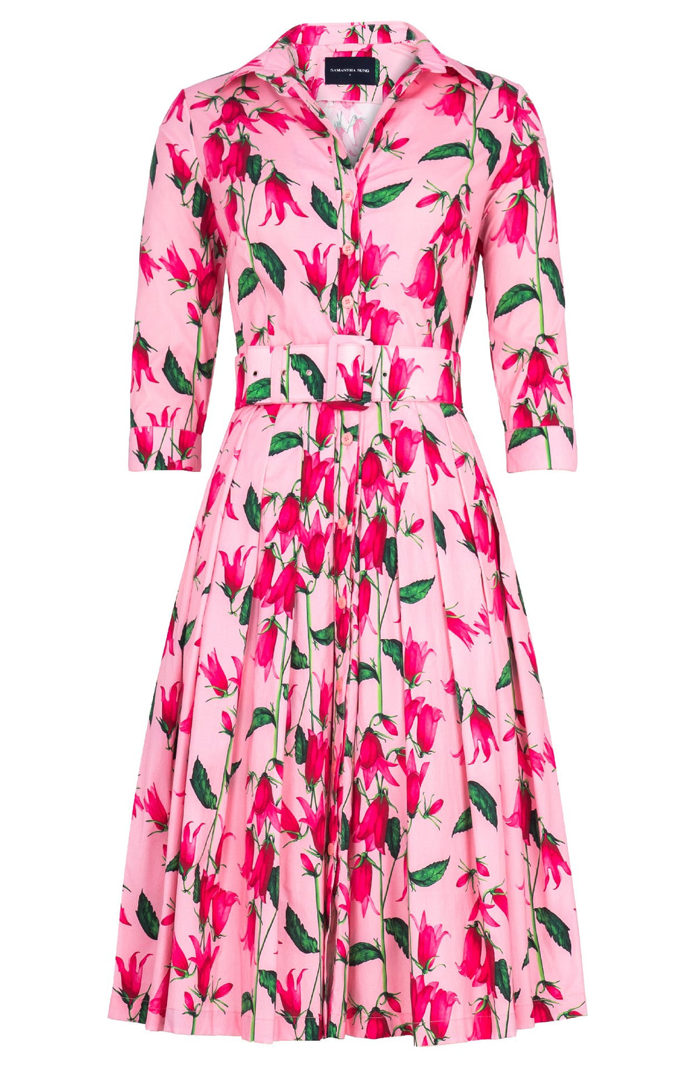 Audrey Dress #2 Shirt Collar 3/4 Sleeve Long Length Cotton Stretch (Blue Bell Flower Pastel)