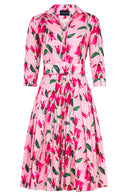 Audrey Dress #2 Shirt Collar 3/4 Sleeve Long Length Cotton Stretch (Blue Bell Flower Pastel)