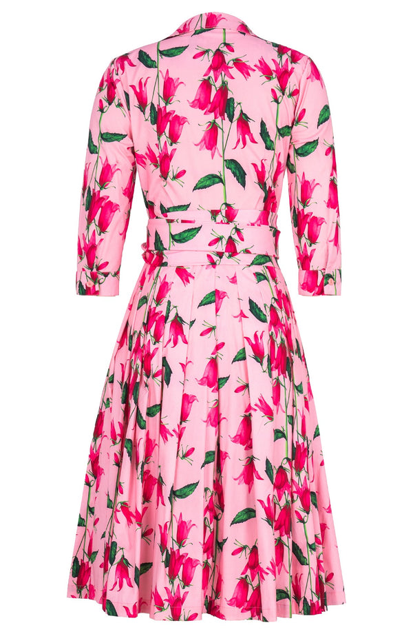 Audrey Dress #2 Shirt Collar 3/4 Sleeve Long Length Cotton Stretch (Blue Bell Flower Pastel)