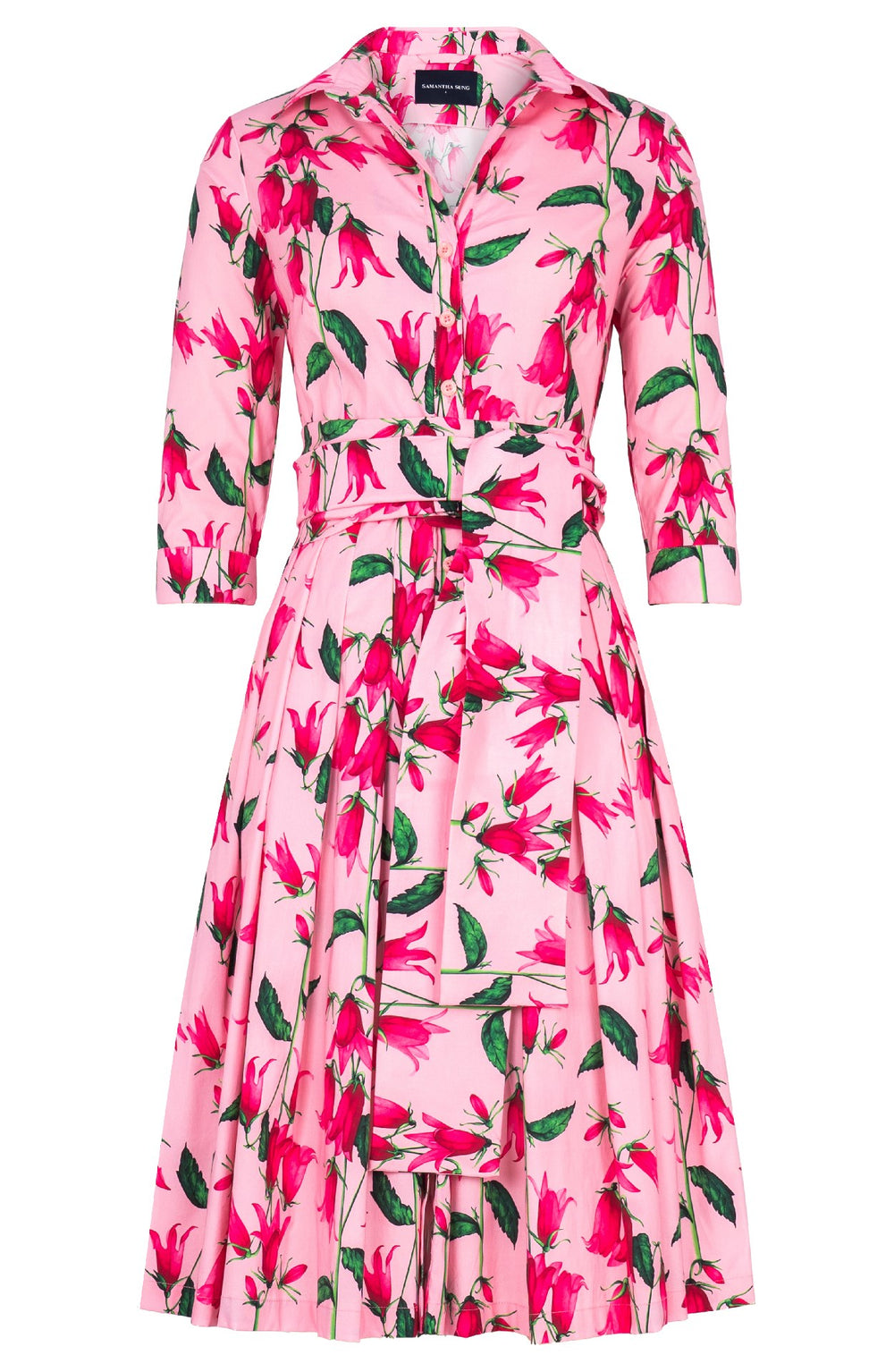 Audrey Dress #2 Shirt Collar 3/4 Sleeve Long Length Cotton Stretch (Blue Bell Flower Pastel)