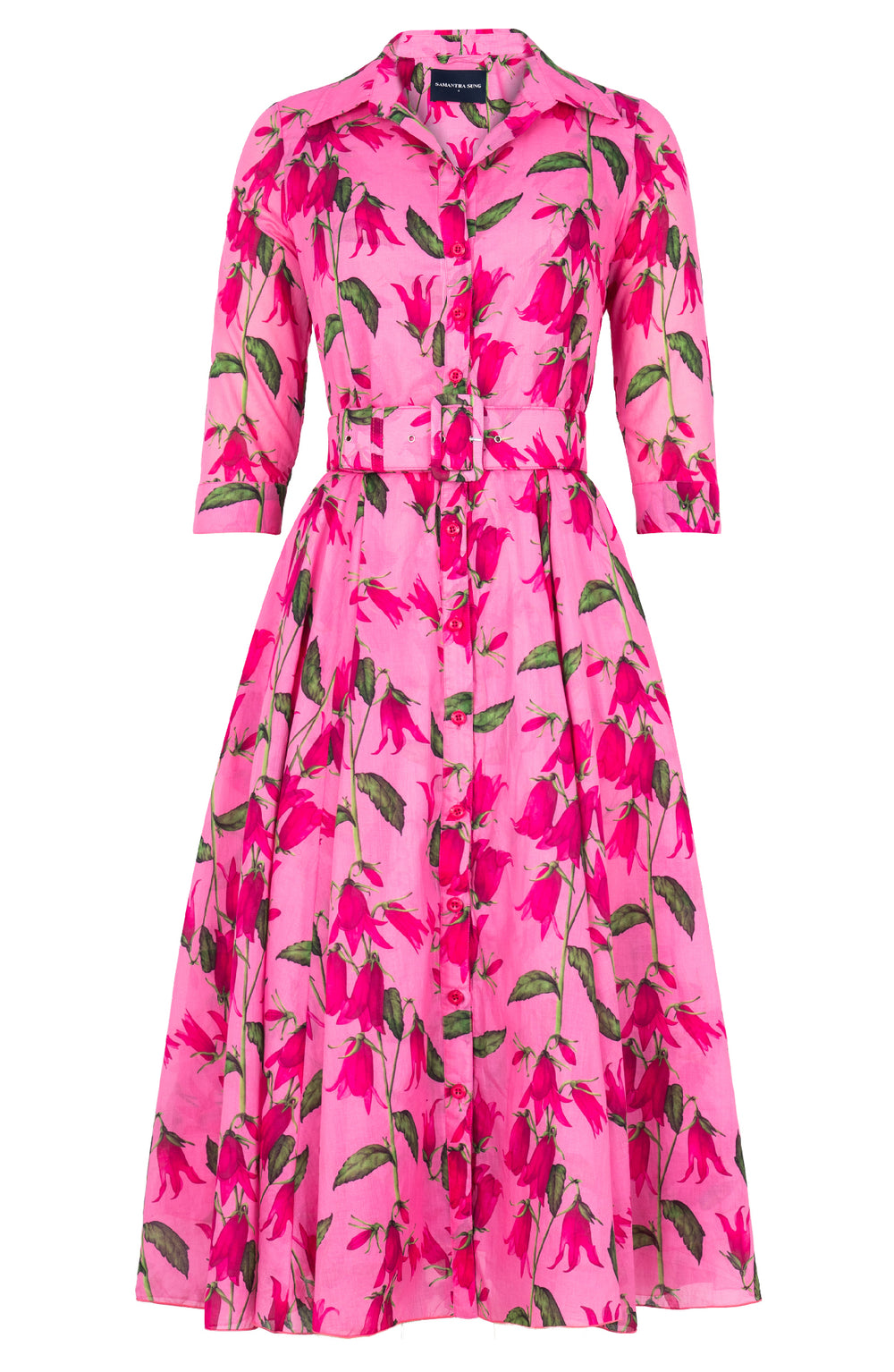 Avenue Dress Shirt Collar 3/4 Sleeve Midi Length Cotton Musola (Blue Bell Flower Pastel)