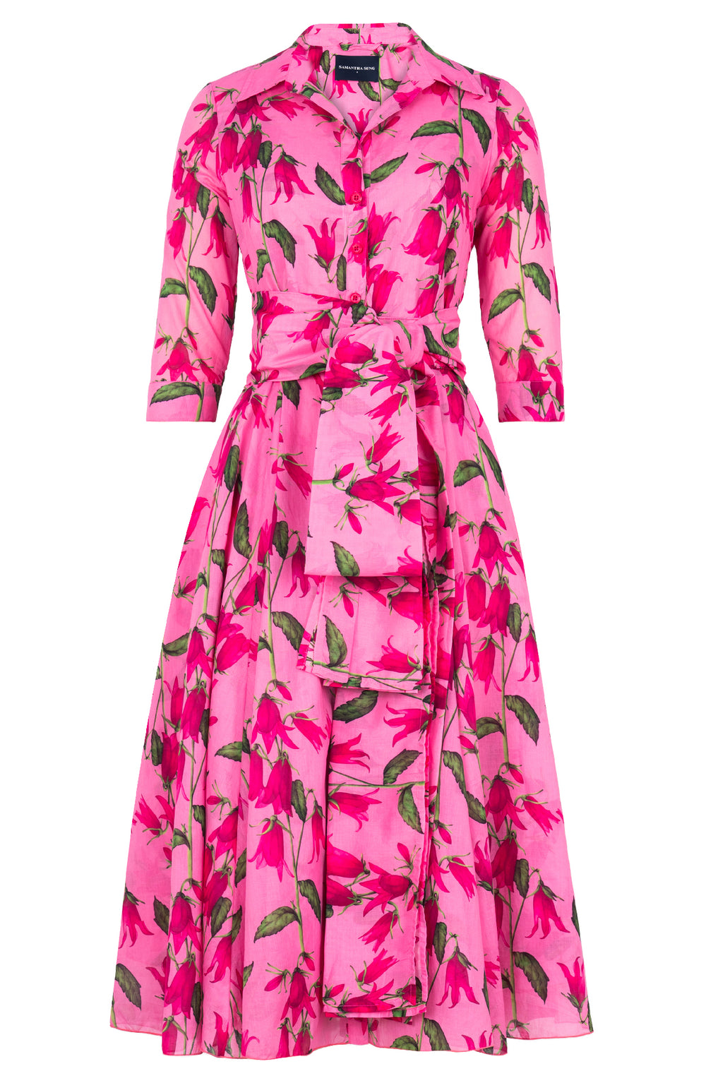 Avenue Dress Shirt Collar 3/4 Sleeve Midi Length Cotton Musola (Blue Bell Flower Pastel)