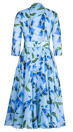 Aster Dress Shirt Collar 3/4 Sleeve Midi Length Ramie (Blue Bell Flower Small Pastel)