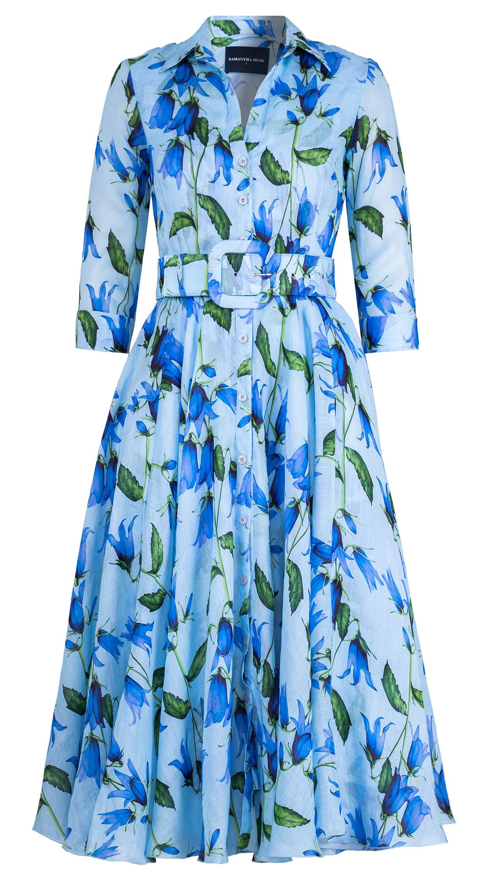 Aster Dress Shirt Collar 3/4 Sleeve Midi Length Ramie (Blue Bell Flower Small Pastel)
