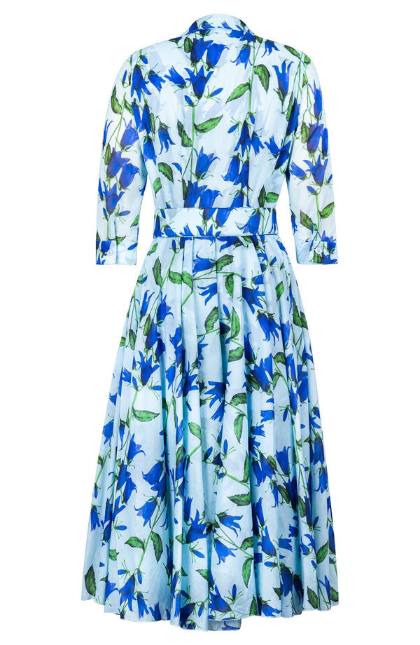 Avenue Dress Shirt Collar 3/4 Sleeve Midi Length Cotton Musola (Blue Bell Flower Pastel)